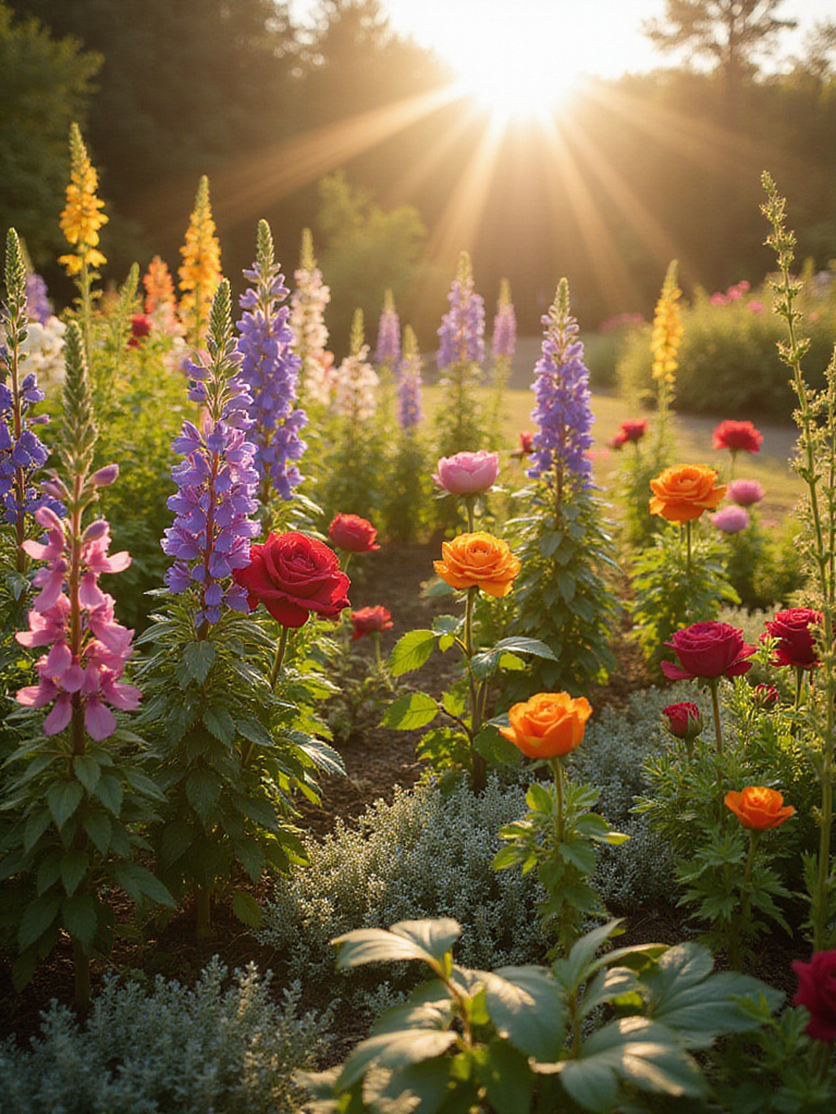 A vibrant flower garden with harmonious color schemes and varying heights, showcasing an array of blooms in a layered arrangement.