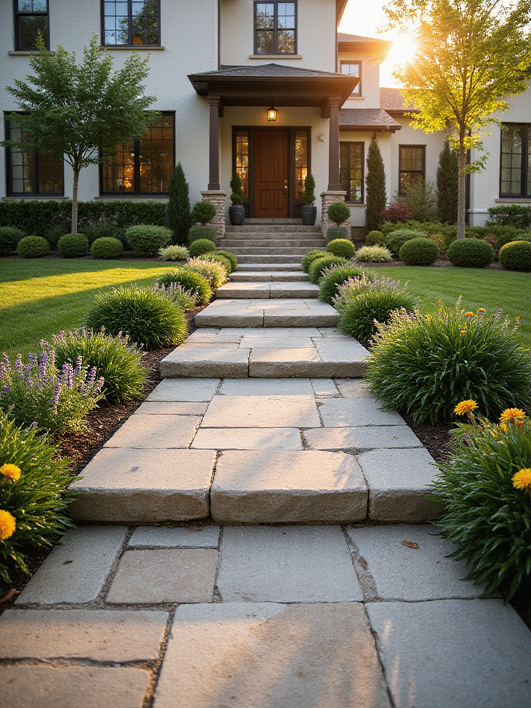 A beautifully landscaped front yard featuring a natural stone pathway and vibrant plantings, illustrating strategic hardscaping.
