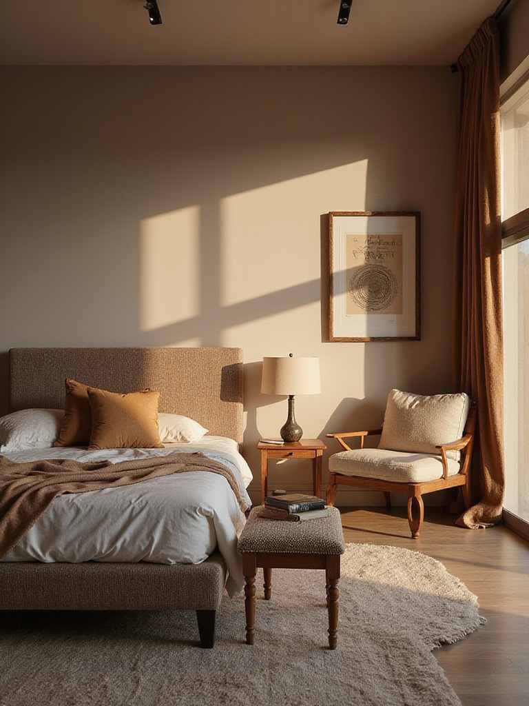 A cozy and stylish bedroom showcasing modern and bohemian elements, with a low-profile bed and warm lighting.