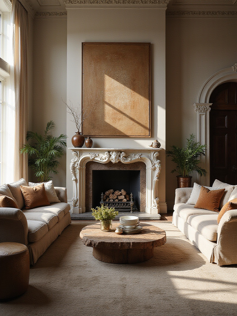 Living room with a clear focal point featuring a fireplace and stylish furniture arrangement.
