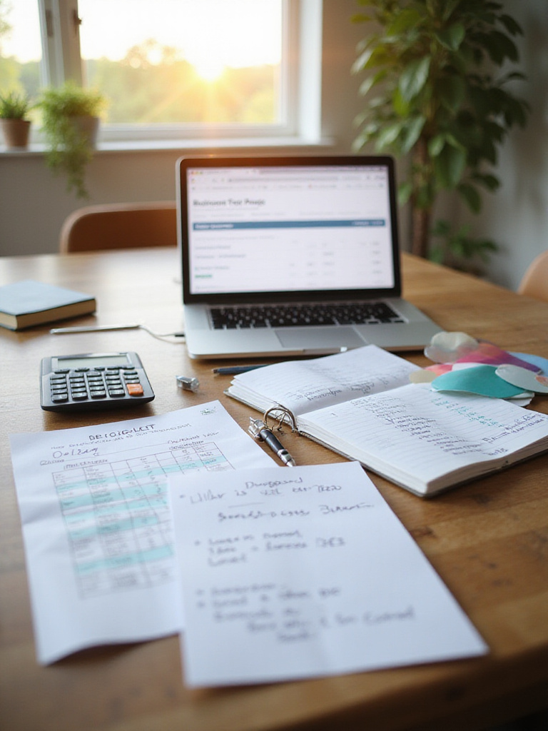 A workspace with a budget plan for a bedroom remodel including a laptop, notepad, and color swatches.