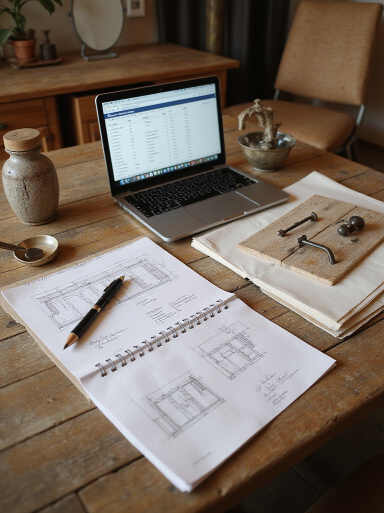 Rustic bathroom remodel planning scene with budgeting materials and reclaimed wood samples.