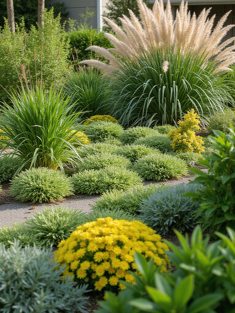 Lush lawn alternative featuring groundcovers and native grasses in a sunny front yard.