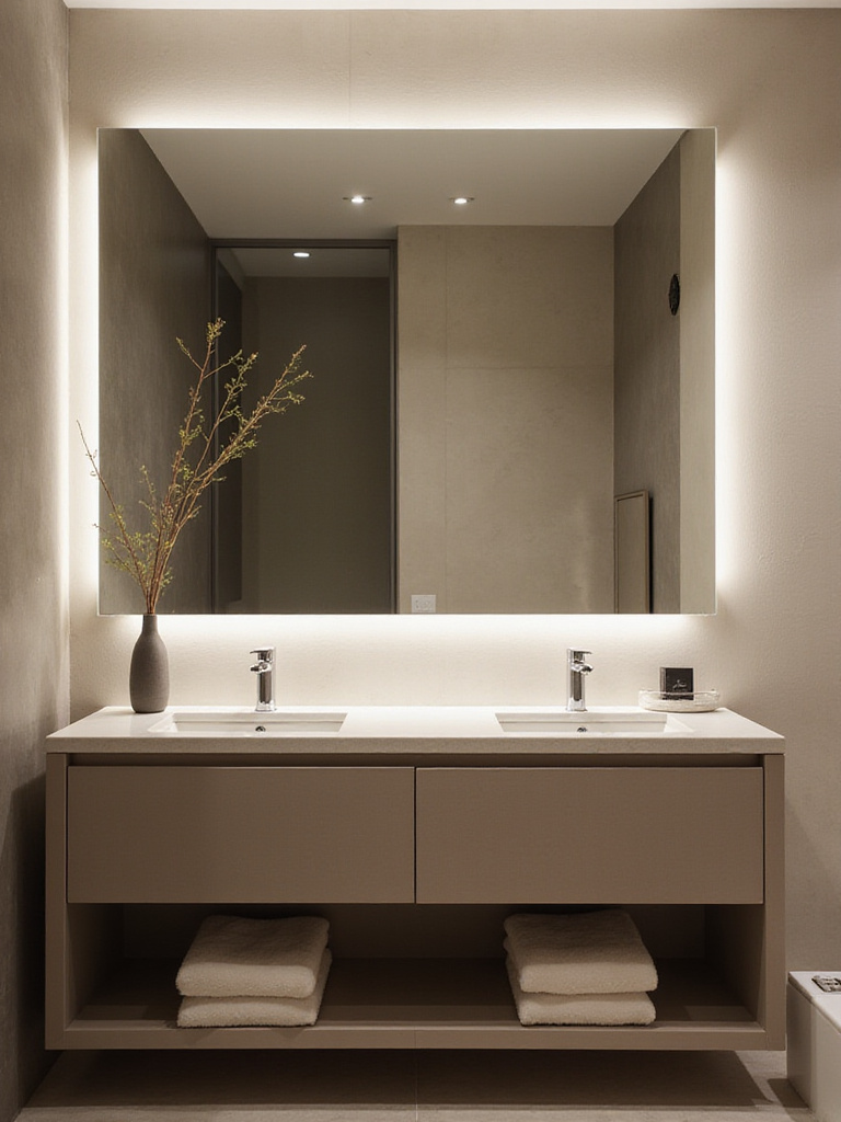 Modern bathroom with a large backlit mirror and minimalist vanity