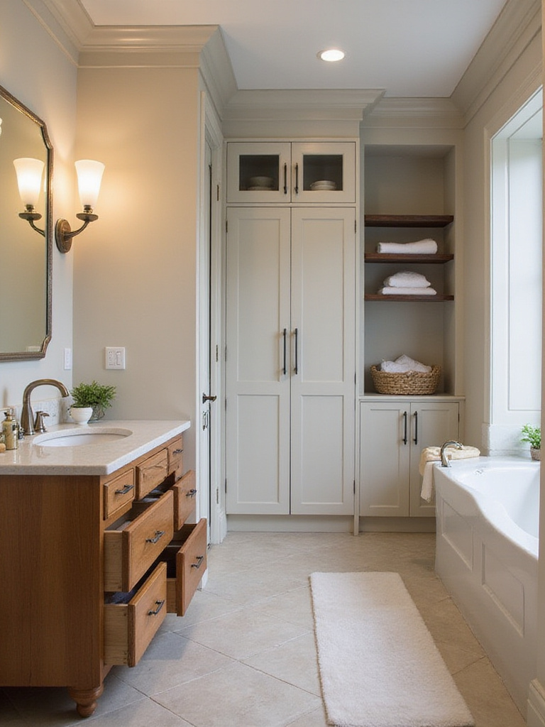 Custom cabinetry in a bathroom with elegant design and optimized storage solutions.