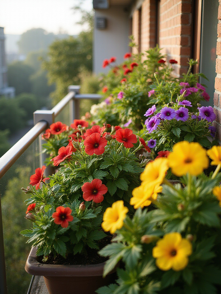 Vibrant balcony garden with flowering plants and lush foliage