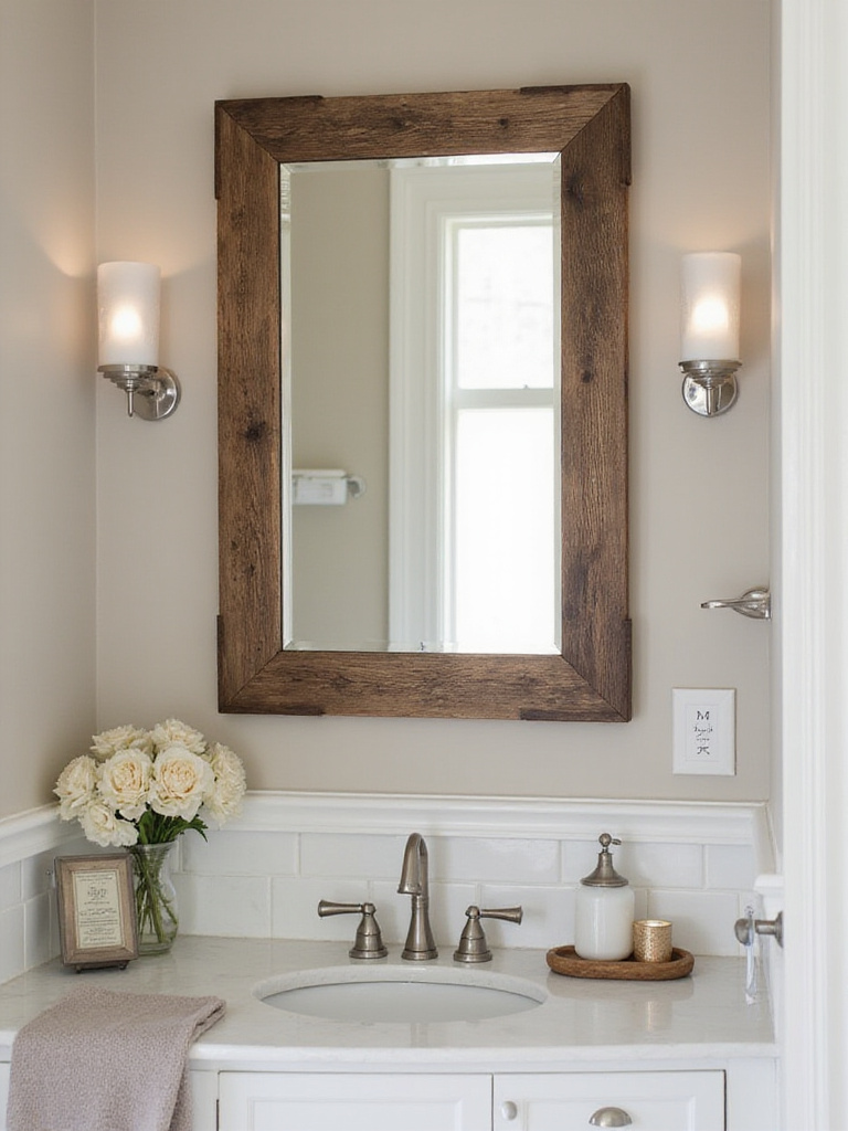 Framed mirrored bathroom cabinet with rustic barn wood-style frame
