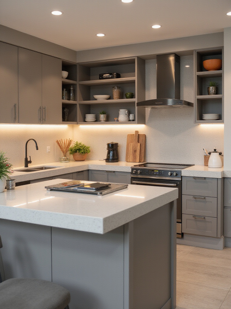 A modern kitchen layout designed for flexibility and future technology integration.