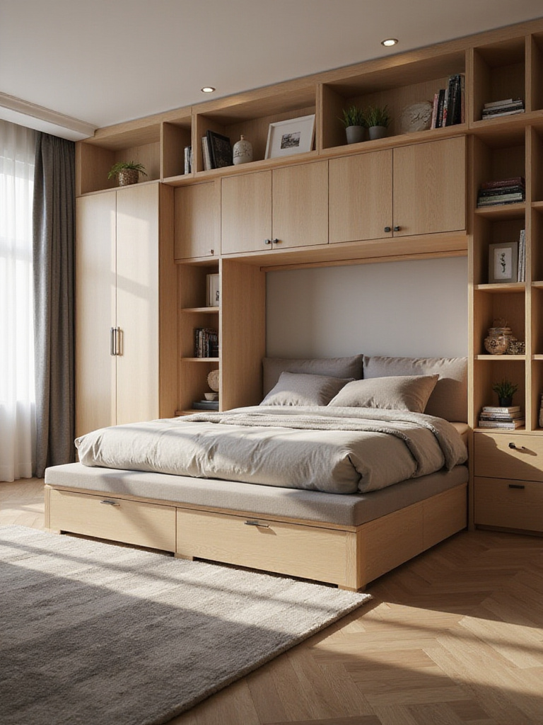 A stylish bedroom with modular and flexible furniture arrangements, showcasing adaptability and space optimization.