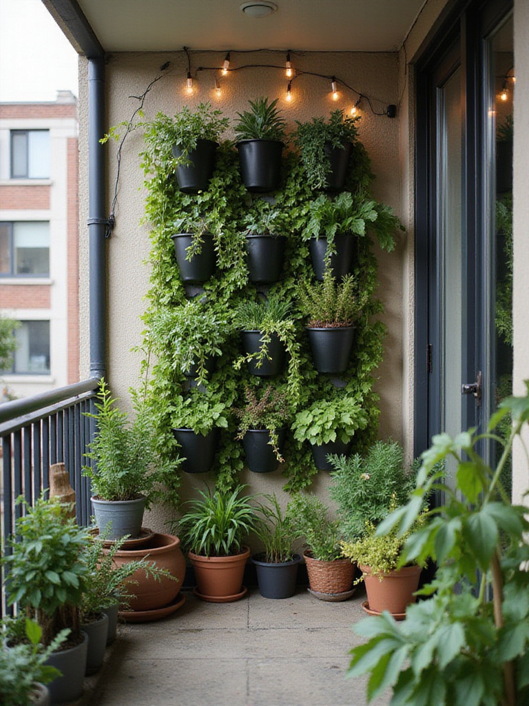 Vertical garden on a small balcony with wall-mounted planters and hanging pots.