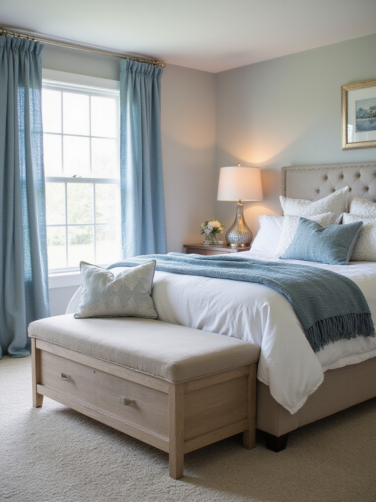 A stylish multi-functional bench at the foot of a bed in a cozy bedroom setting