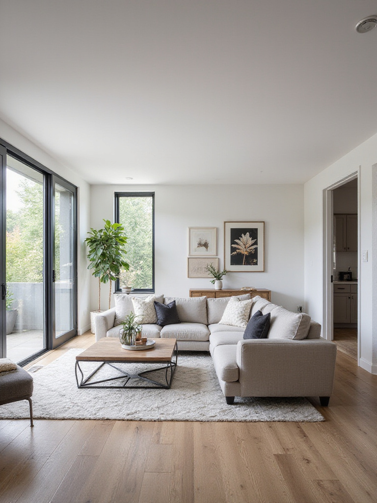 A spacious living room with clear pathways and modern furniture arrangement.