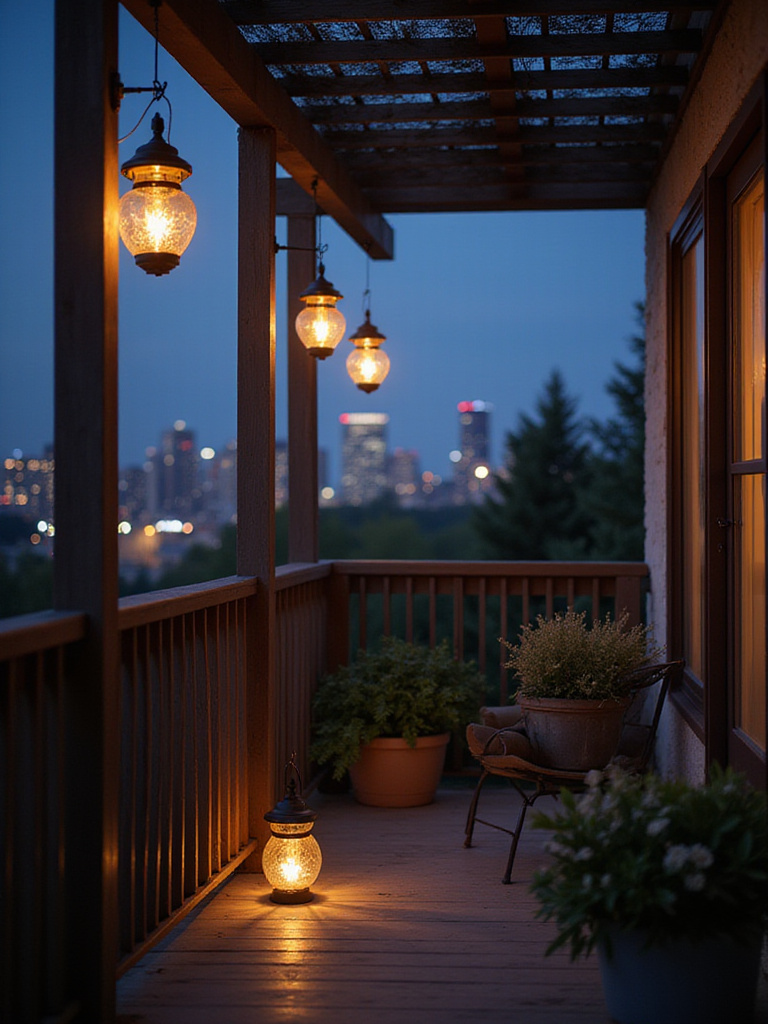 A cozy balcony illuminated by solar-powered lanterns at dusk.