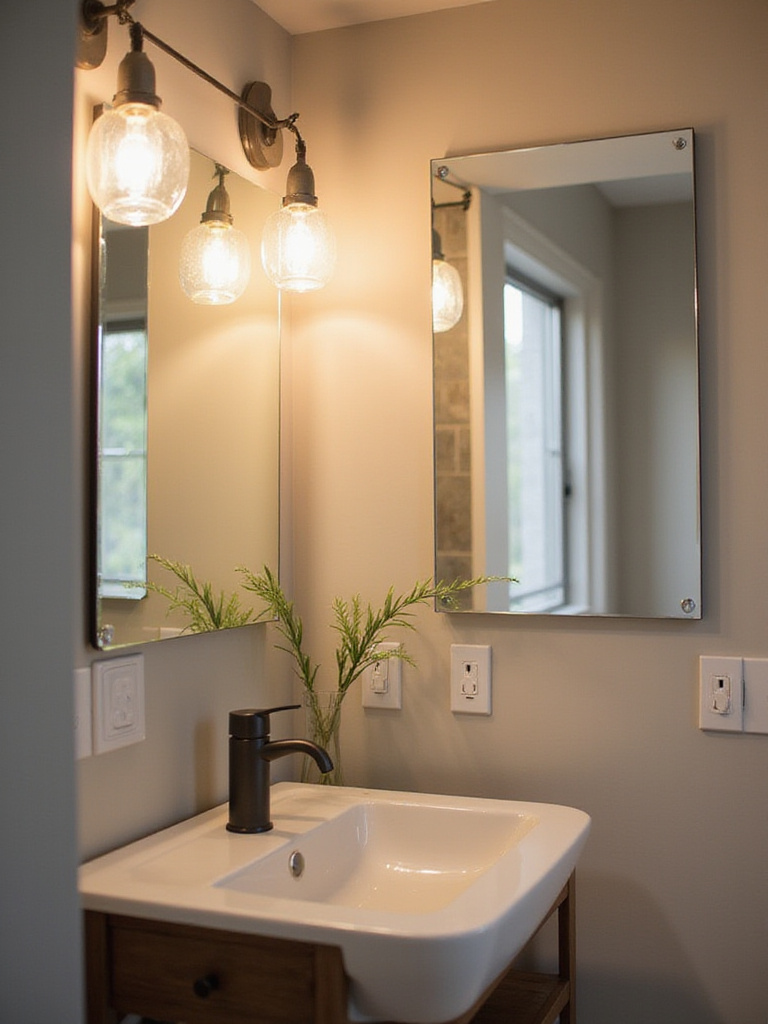 Well-lit modern bathroom with a mirror and stylish lighting, showcasing safe electrical wiring.