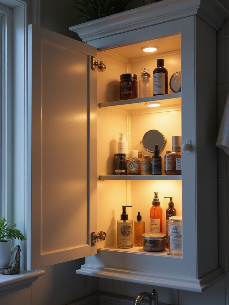 Illuminated bathroom cabinet with battery-operated puck lights showcasing organized toiletries.