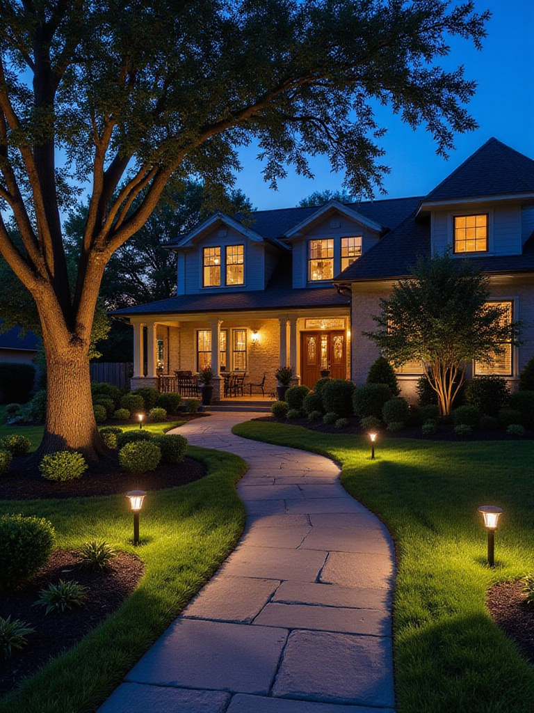 Strategically lit front yard at dusk with path lights and uplights