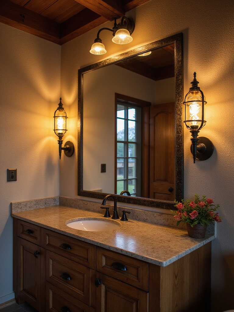 Rustic bathroom featuring industrial and lantern-style lighting fixtures