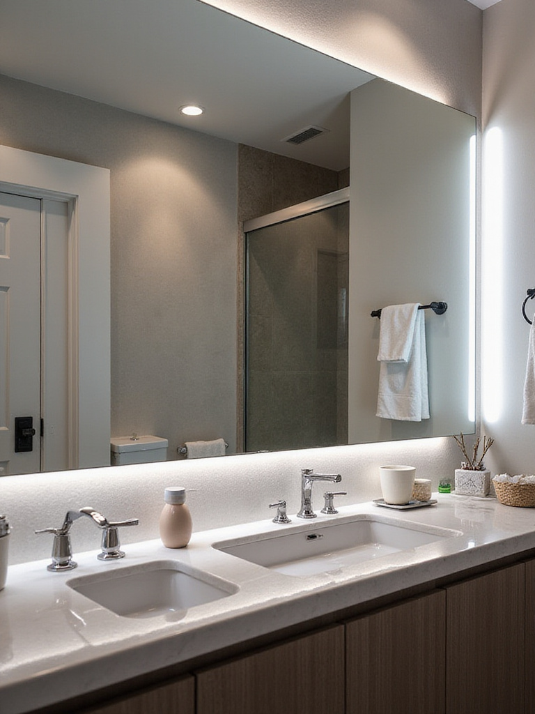 Modern bathroom with dimmable LED lighting around a large mirror, showcasing adjustable brightness.