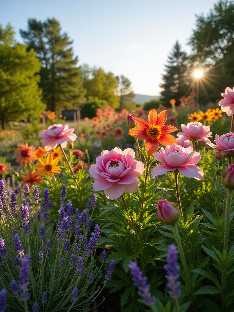 Vibrant garden with various flowers thriving in different climate zones under warm sunlight.