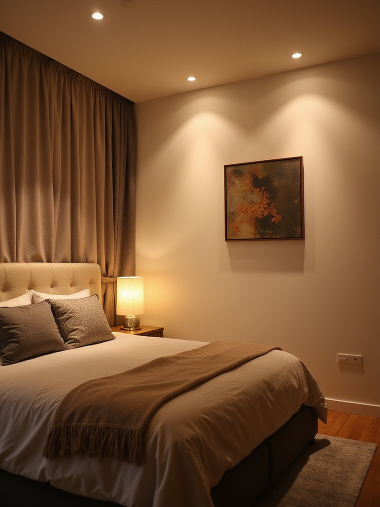 Bedroom featuring layered lighting with ambient, task, and accent lights.