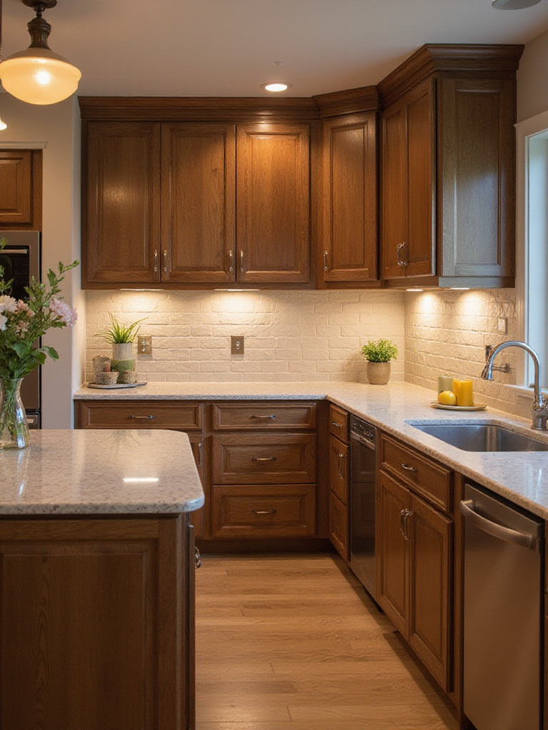 A kitchen featuring mid-tone brown cabinetry with light countertops and a subway tile backsplash.