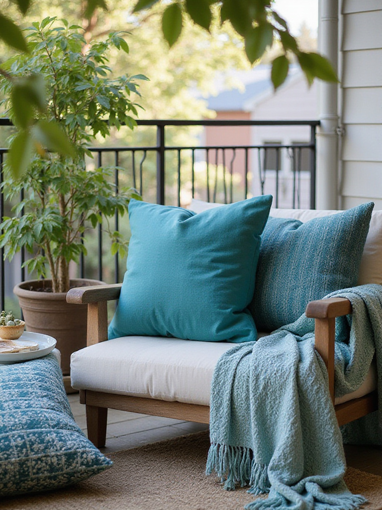 Cozy balcony decor featuring cushions and throws