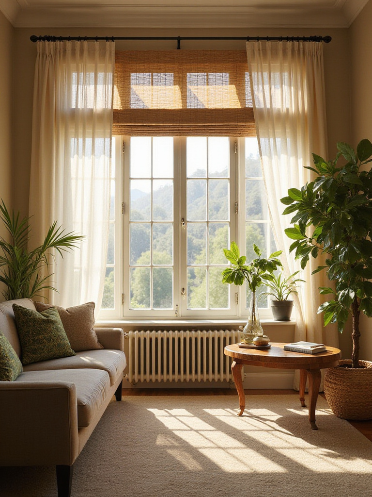 Stylish living room with large windows dressed in sheer curtains and elegant blinds
