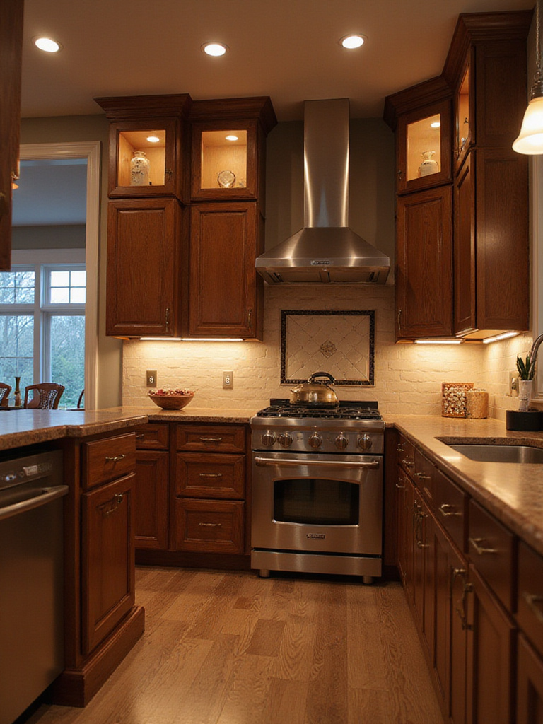 Warm LED lighting enhancing the rich tones of a brown kitchen