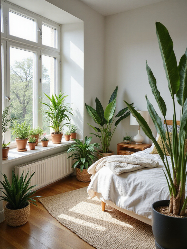 A serene bedroom with indoor plants and natural decor