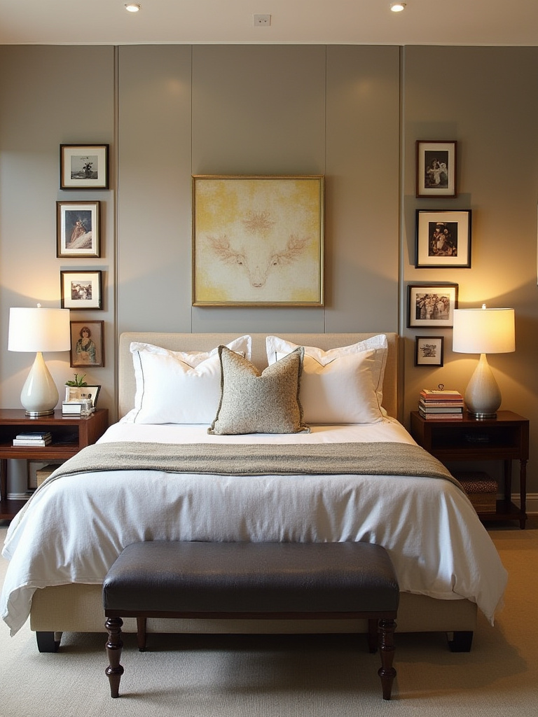 A beautifully arranged bedroom exemplifying dynamic asymmetry with a king-sized bed, varied nightstands, and art.