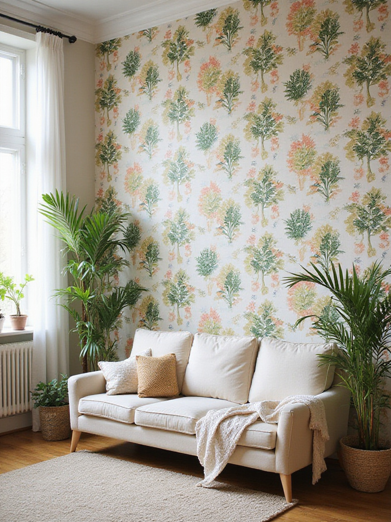 Living room with removable wallpaper featuring a botanical design
