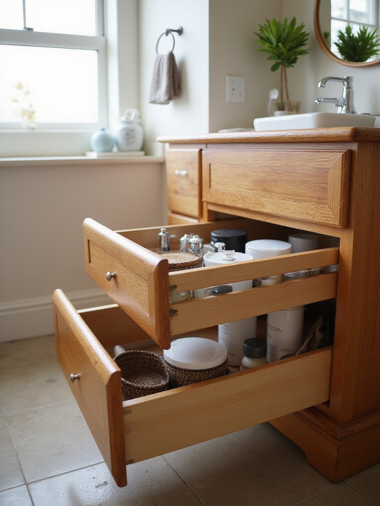Organized bathroom cabinet with pull-out drawers showcasing neatly arranged essentials.