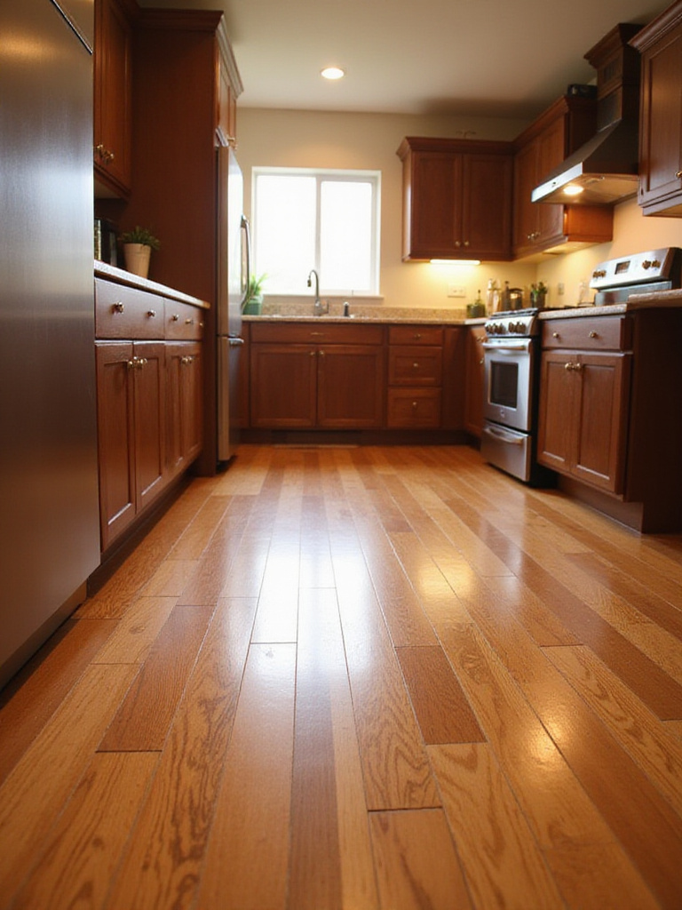 Warm brown hardwood flooring in a beautifully designed kitchen