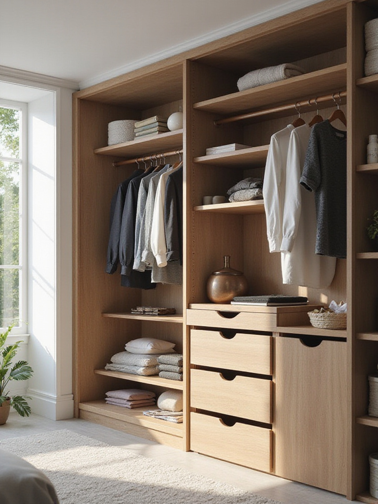 Organized wardrobe showcasing vertical storage solutions
