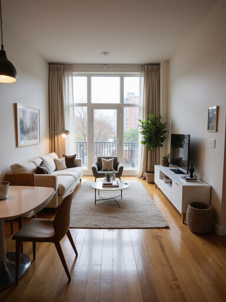 A well-arranged open-concept apartment showcasing defined areas for living and dining with stylish furniture.