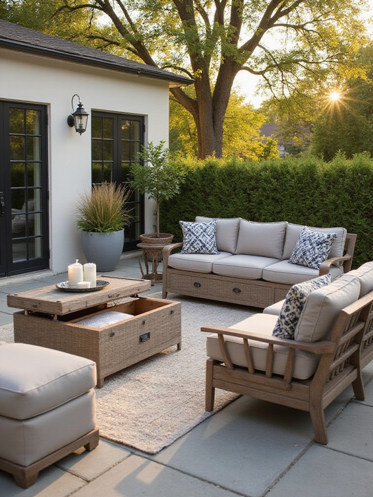 Patio furniture with built-in hidden storage solutions, including a storage bench and coffee table.