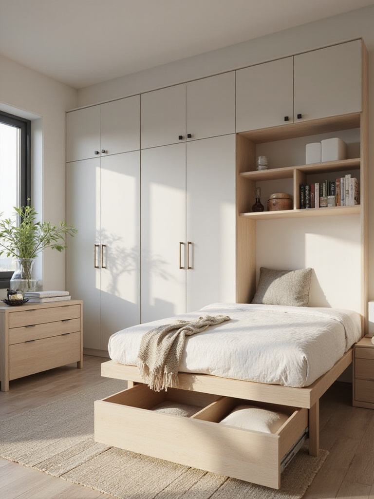 A beautifully organized bedroom featuring smart storage solutions with natural lighting.