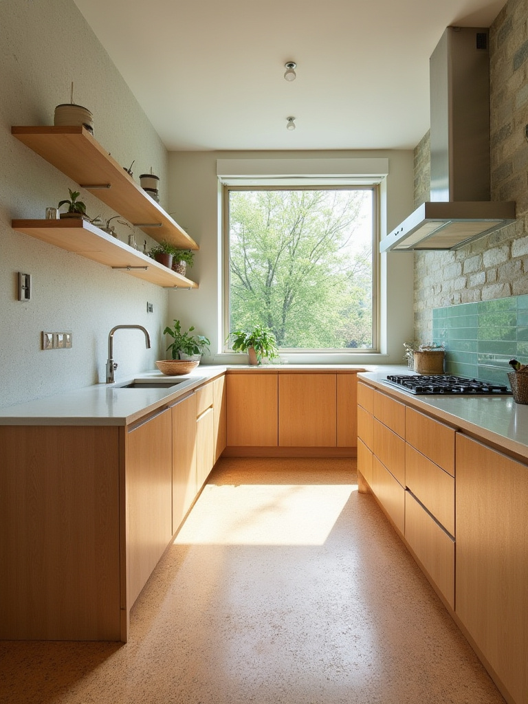Modern kitchen showcasing sustainable materials like bamboo cabinets and recycled glass countertops