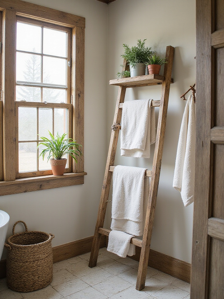 Rustic bathroom with upcycled vintage decor including a wooden ladder towel rack