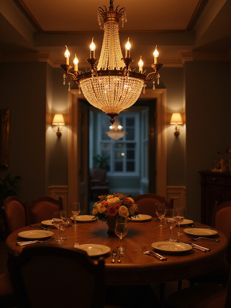 Elegant dining room with dimmable chandelier lights creating a warm atmosphere