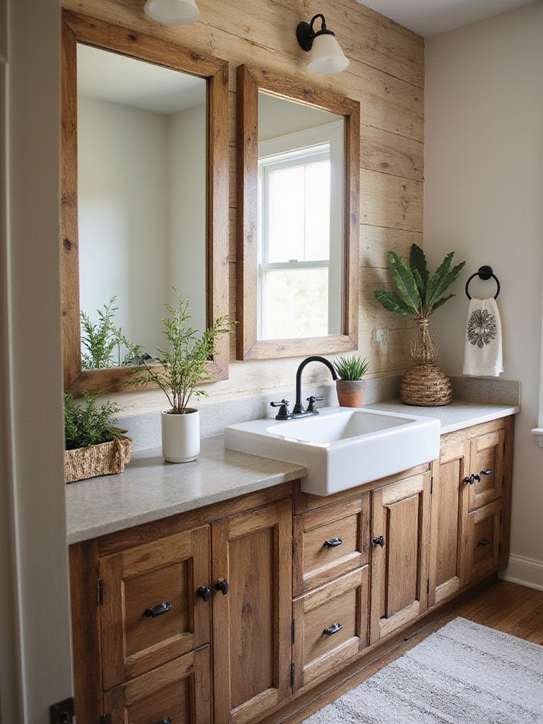 Reclaimed wood cabinetry in a farmhouse-style bathroom with natural lighting.