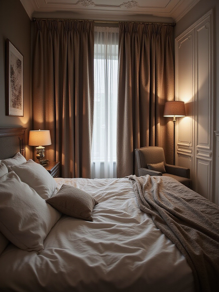 Elegant bedroom with blackout curtains showcasing a serene atmosphere for restful sleep.