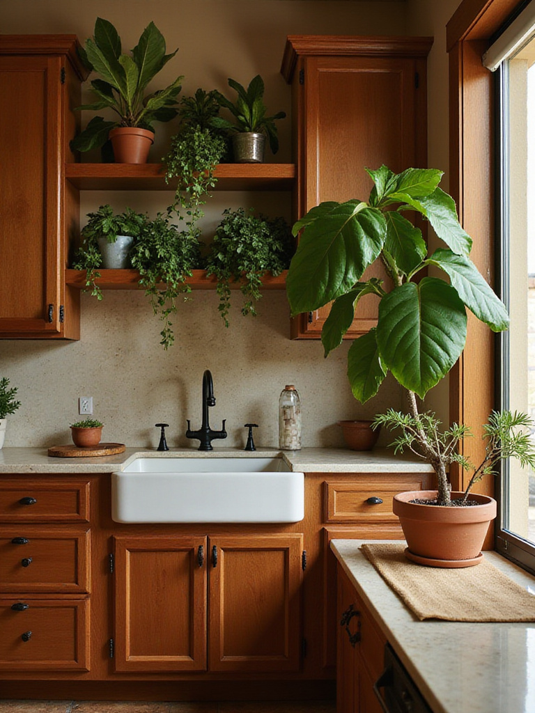 A brown kitchen with greenery including a Fiddle-Leaf Fig tree and Pothos plants, designed to soften the palette.