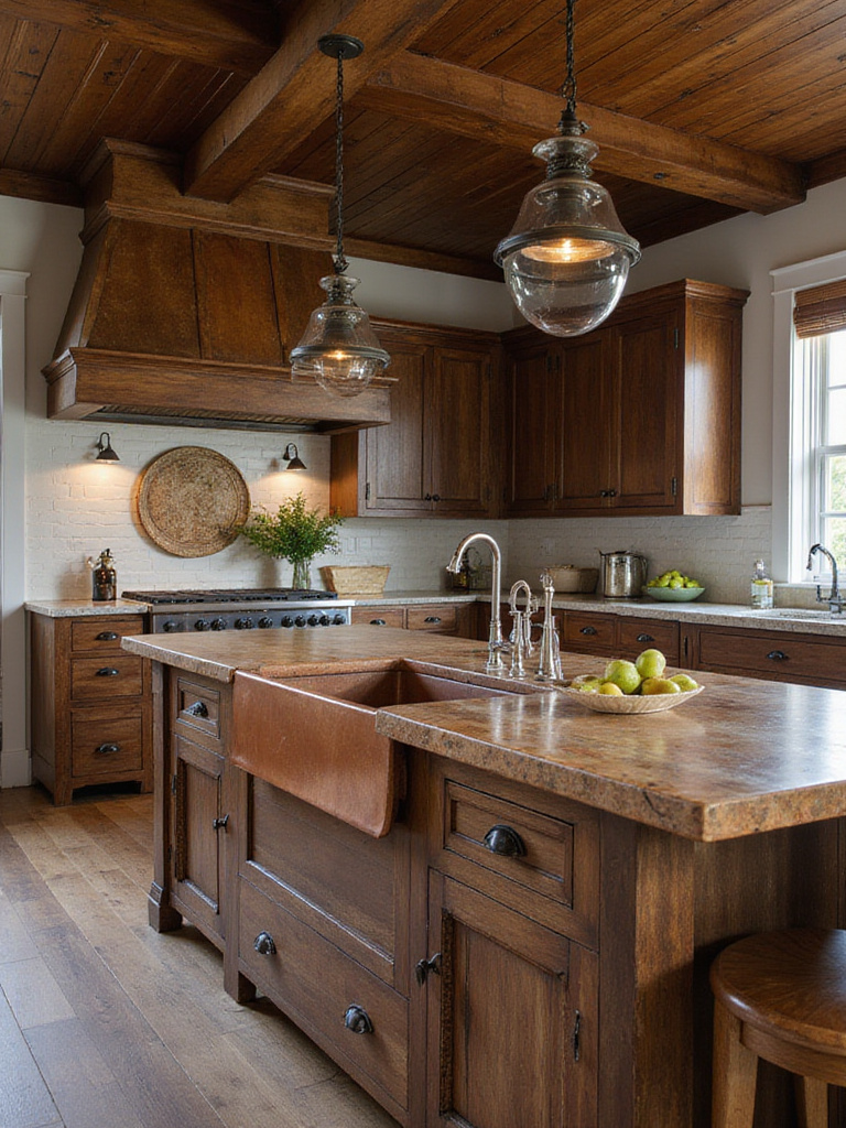 Rustic farmhouse kitchen with brown elements including wood cabinetry and copper sink.