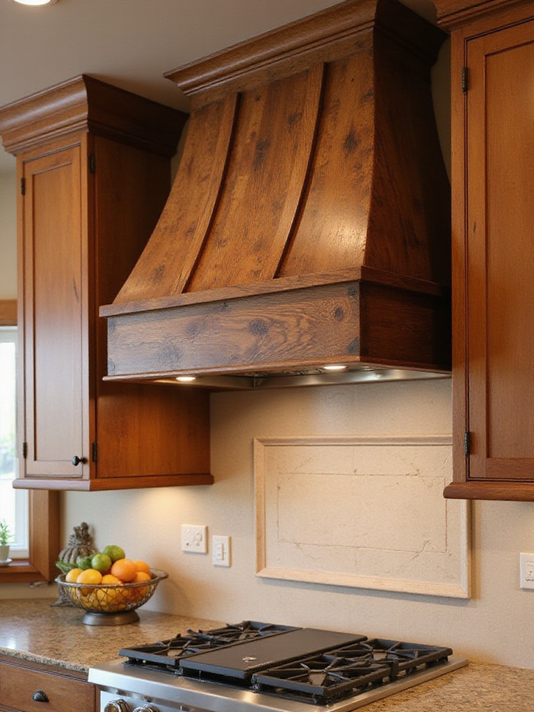 Unique brown range hood in a stylish kitchen setting