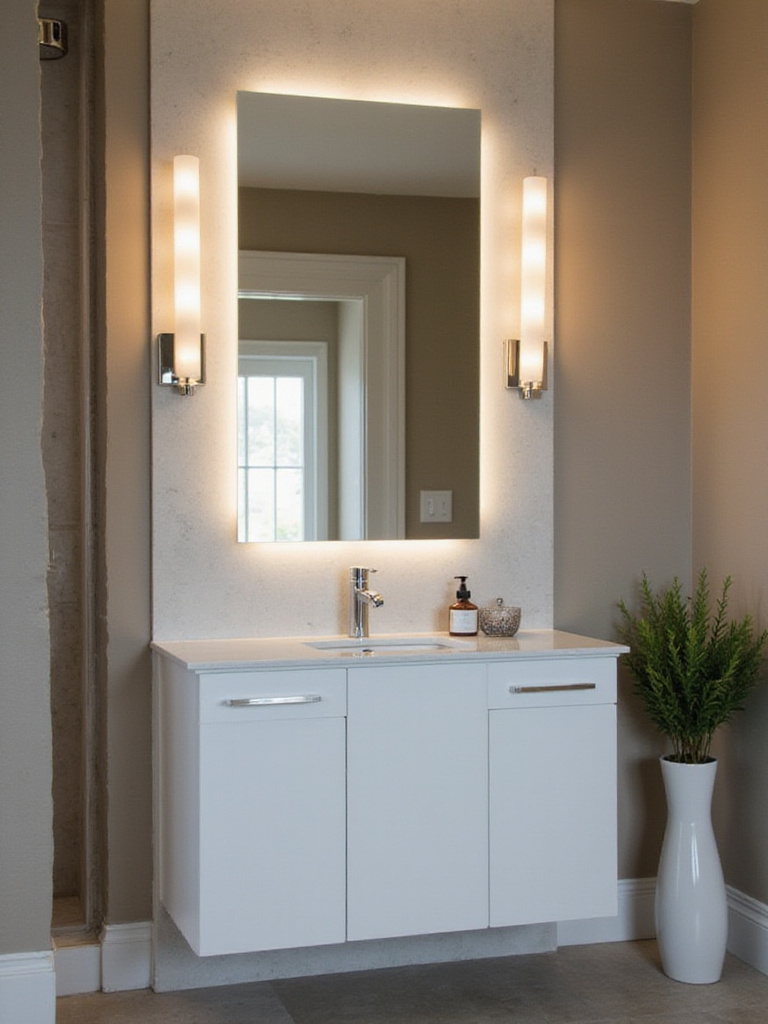 Modern bathroom cabinet with defogging mirror, showcasing clear reflection
