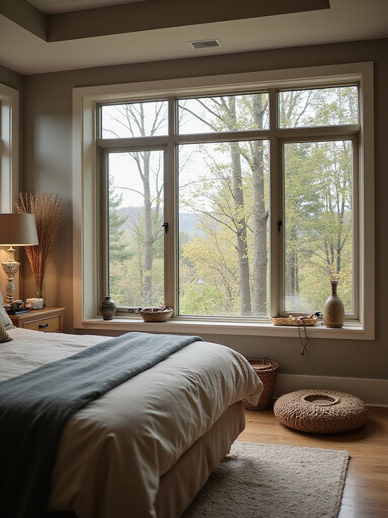 A bright and inviting bedroom showcasing large energy-efficient windows with natural light filtering through.