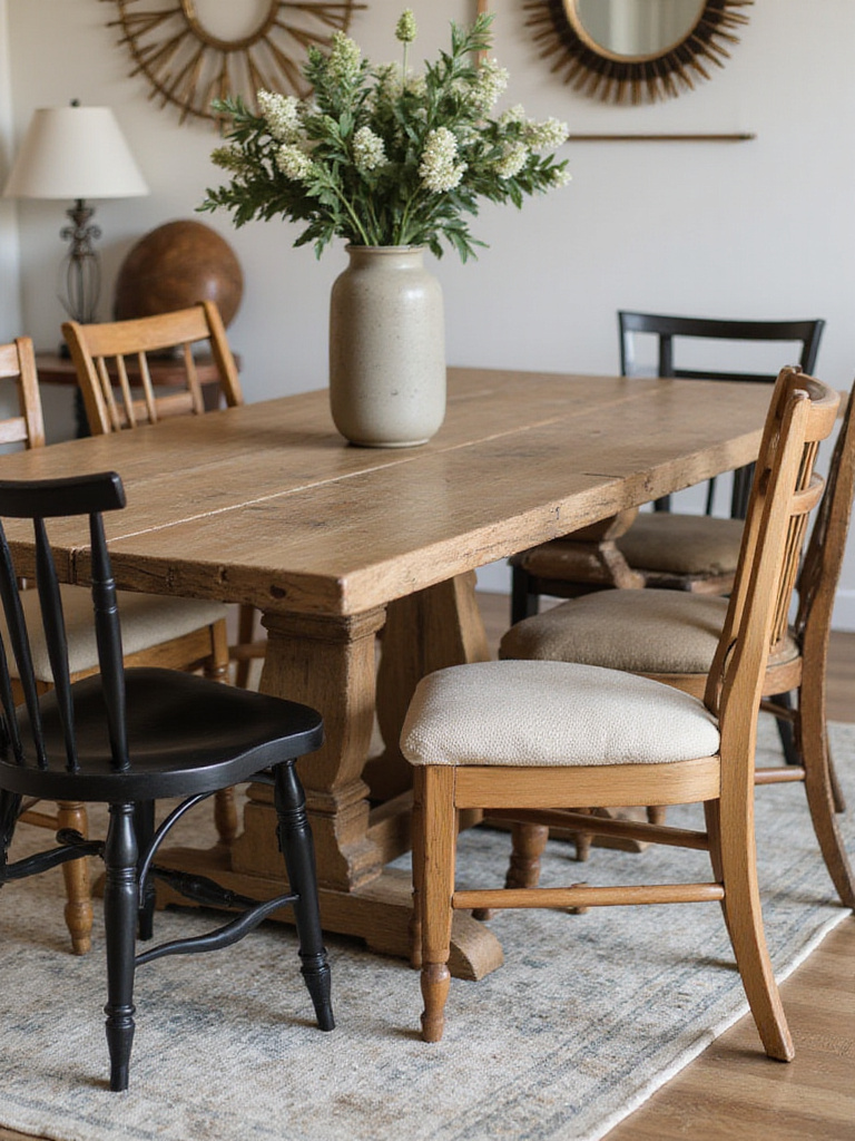 A cozy dining room featuring a mix of dining chairs around a wooden table, showcasing unique styles and colors.