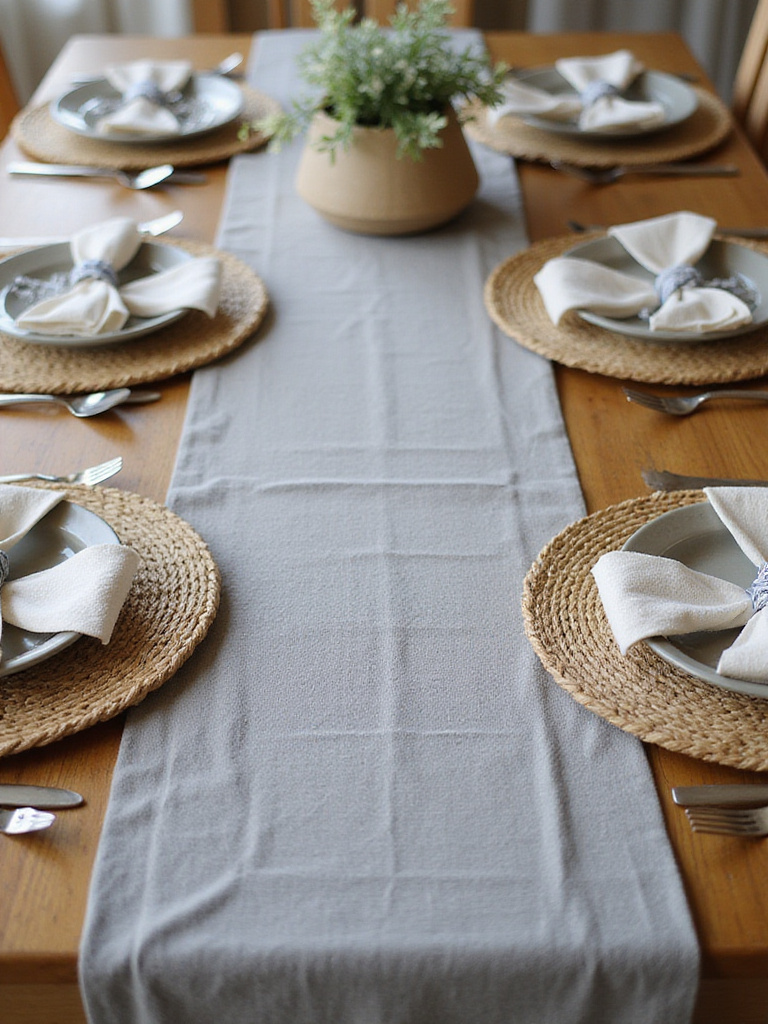 A dining table set with a grey linen runner and woven jute placemats, showcasing layered textures.
