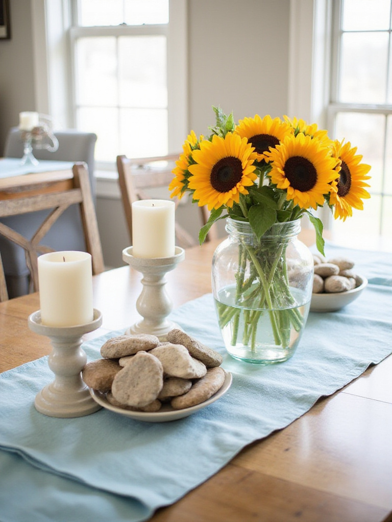 Styled dining room buffet with seasonal decor including sunflowers and polished stones.